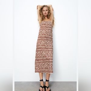 NWOT Zara Brown Neutral Linen Blend Strappy Maxi Dress Women's Size Small
